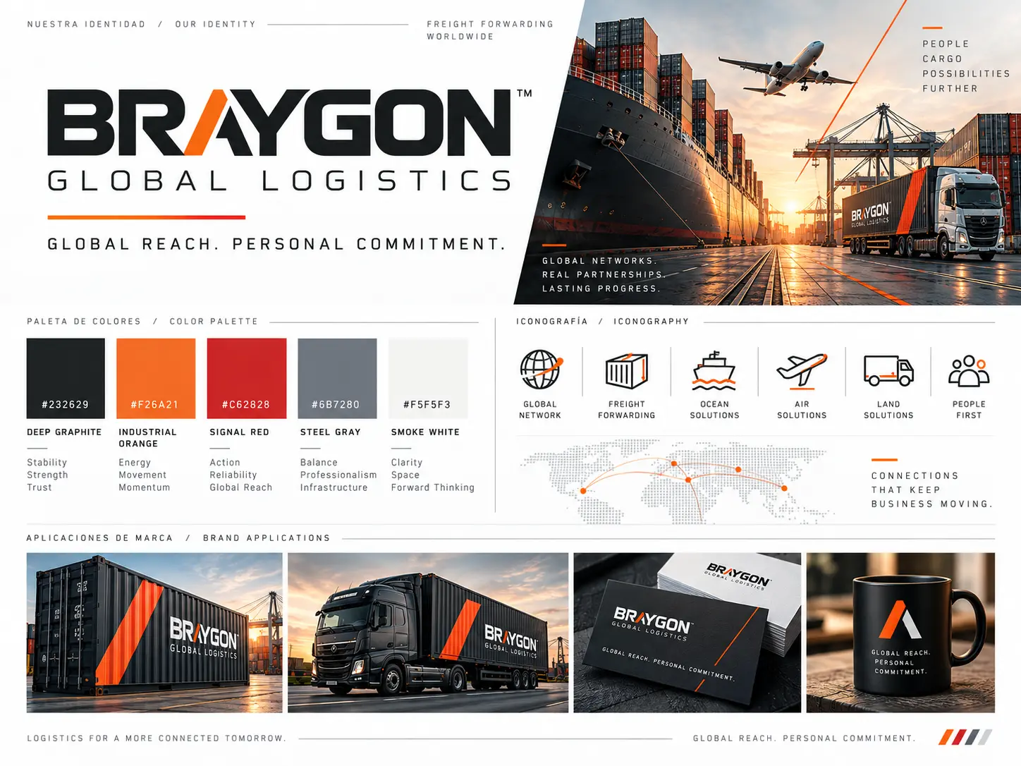 Manual visual de BRAYGON con paleta corporativa, logotipo y aplicaciones conceptuales